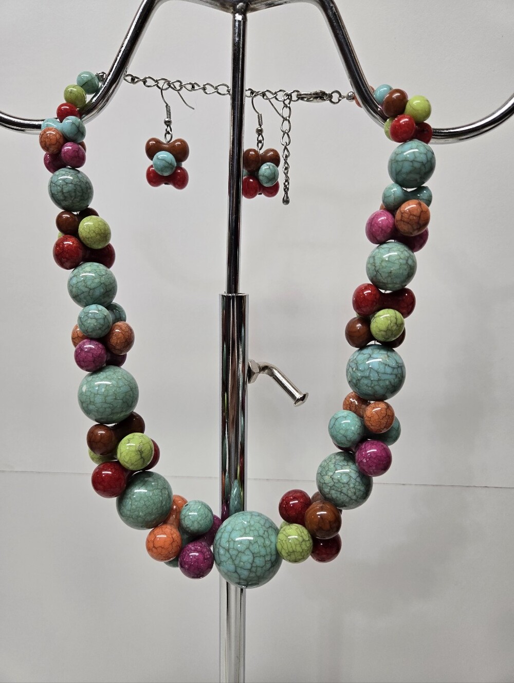 Multi-colored beaded necklace with matching earrings